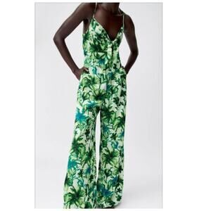 ZARA XS Jumpsuit Wide leg pants Tropical Vacation boho Resortwear Cruise Flowy